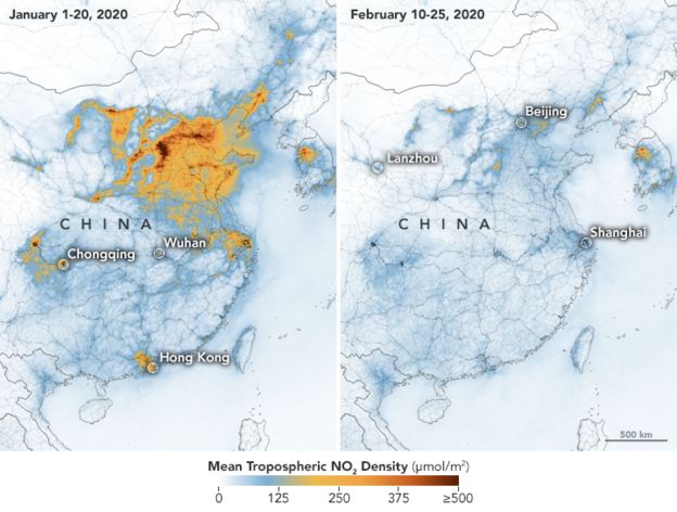 NASA images - drop in NO2 pollution in China